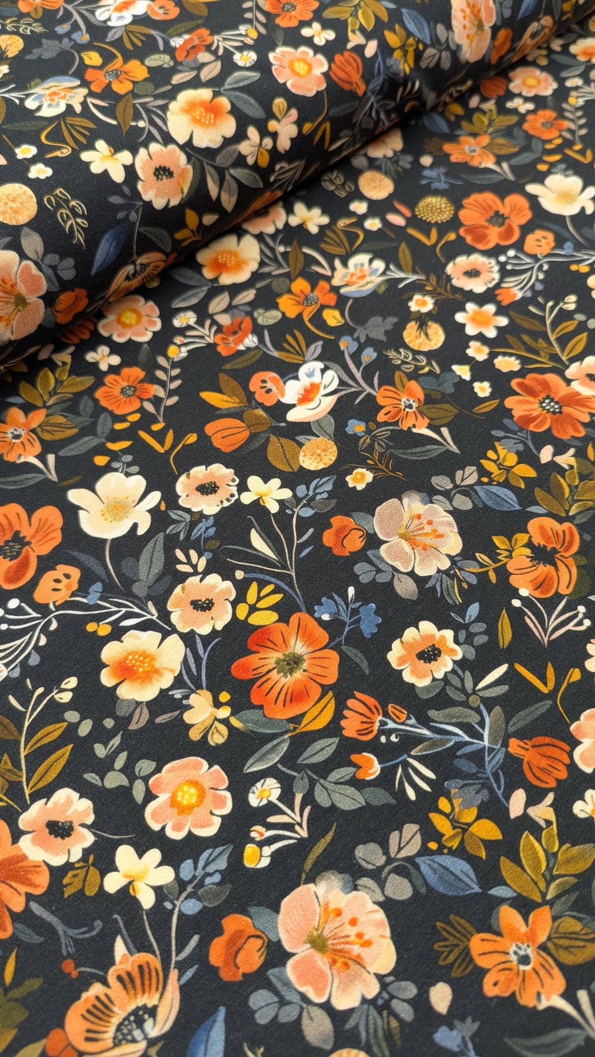 Last cut - Organic Cotton Jersey Knit - Navy and Tangerine Florals (1.2 metres)