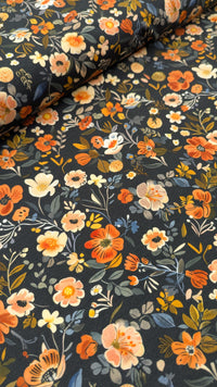 Last cut - Organic Cotton Jersey Knit - Navy and Tangerine Florals (1.2 metres)