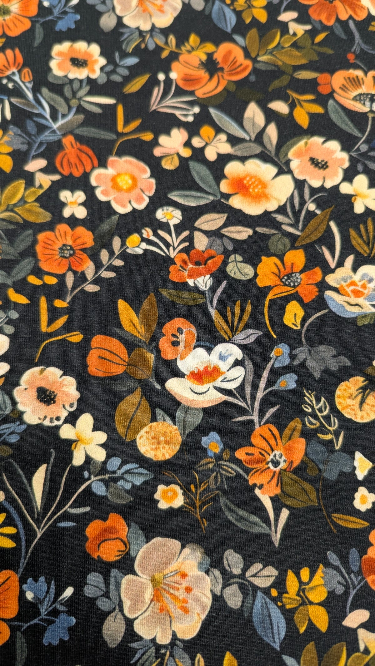Last cut - Organic Cotton Jersey Knit - Navy and Tangerine Florals (1.2 metres)