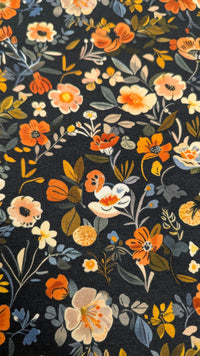 Last cut - Organic Cotton Jersey Knit - Navy and Tangerine Florals (1.2 metres)
