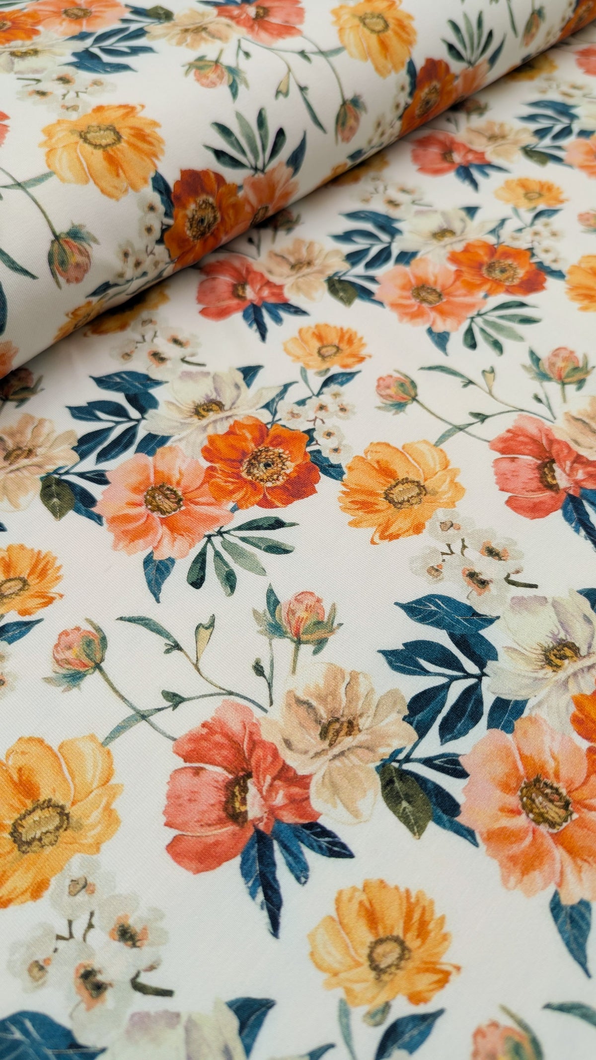 Organic Cotton Jersey Knit - Orange And Coral Flower Field