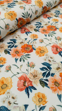 Organic Cotton Jersey Knit - Orange And Coral Flower Field