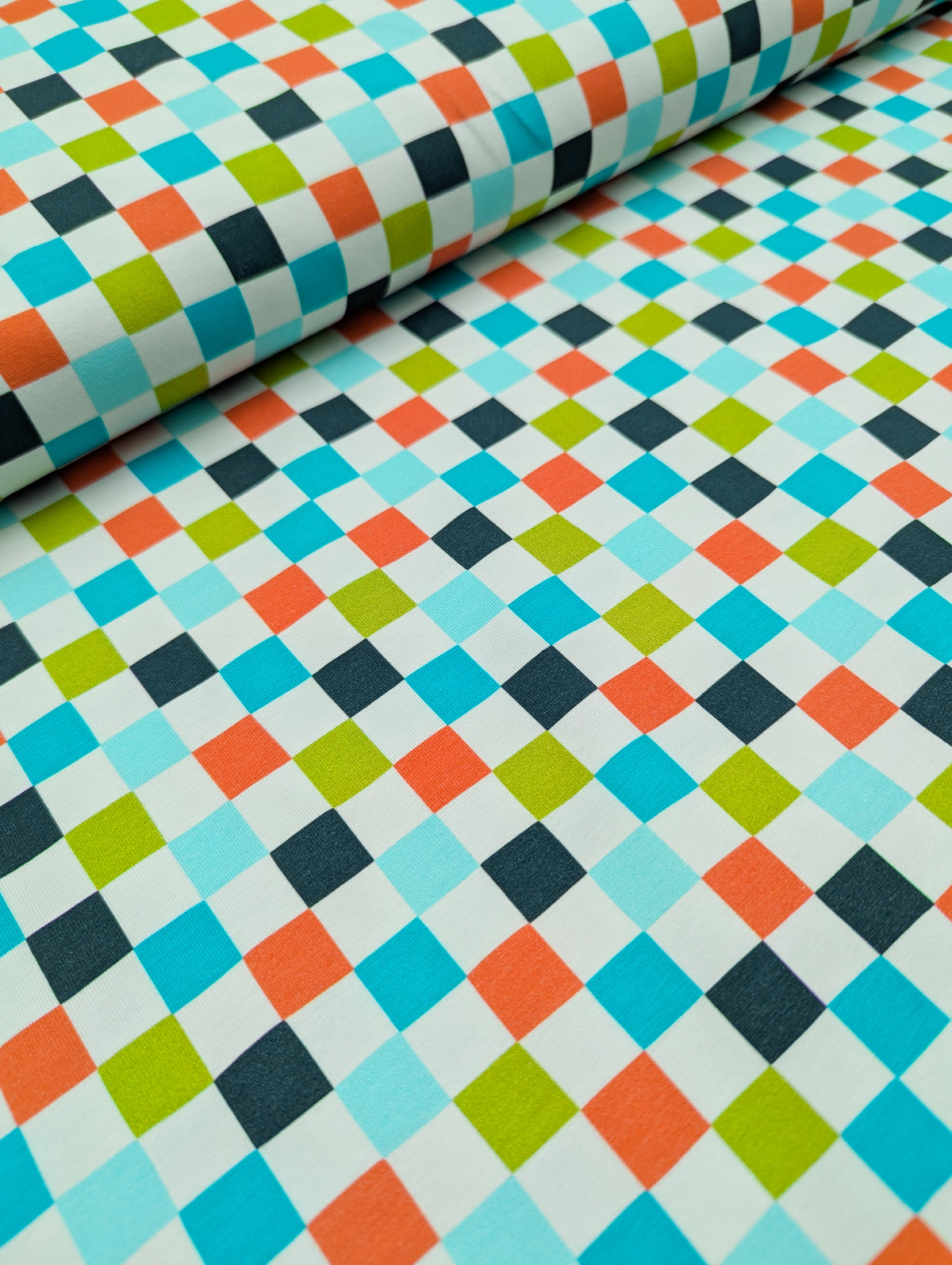 Organic Cotton Jersey Knit - Turquoise Checks