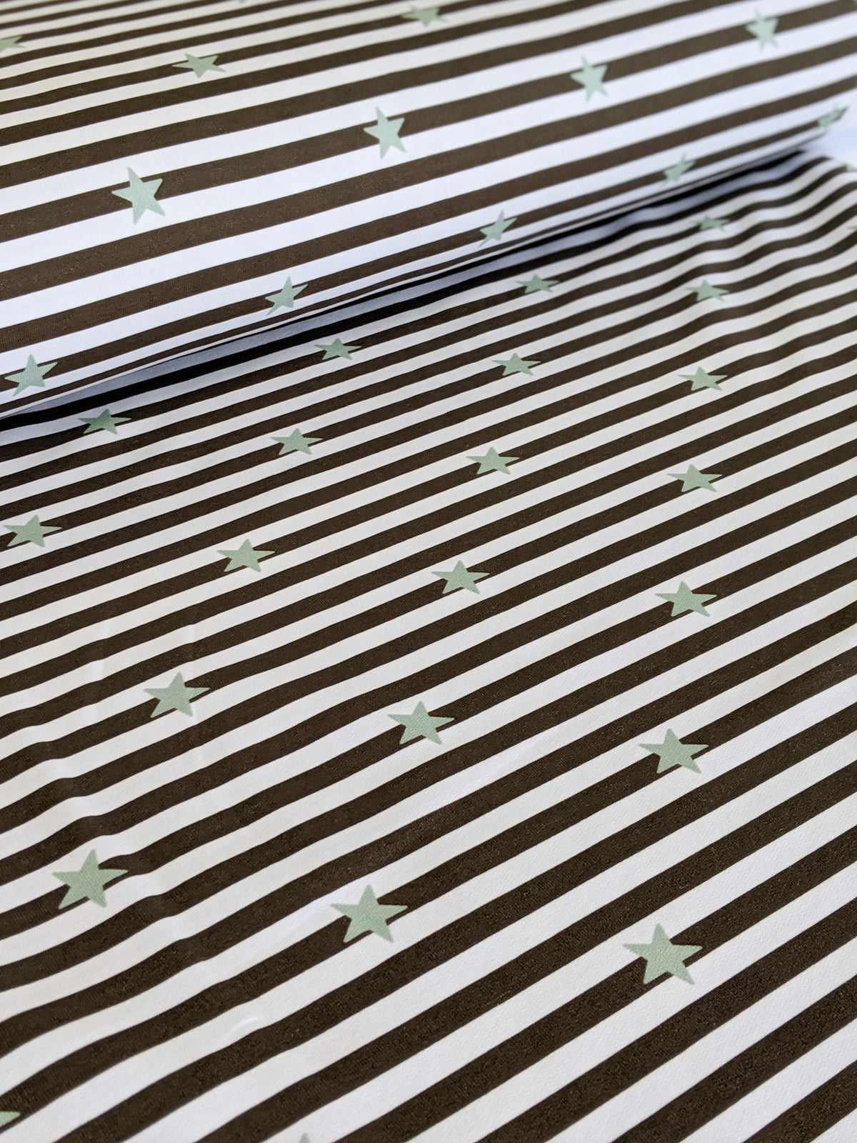 Mini Stripes Stretch French Terry, Mint Stars on Brown