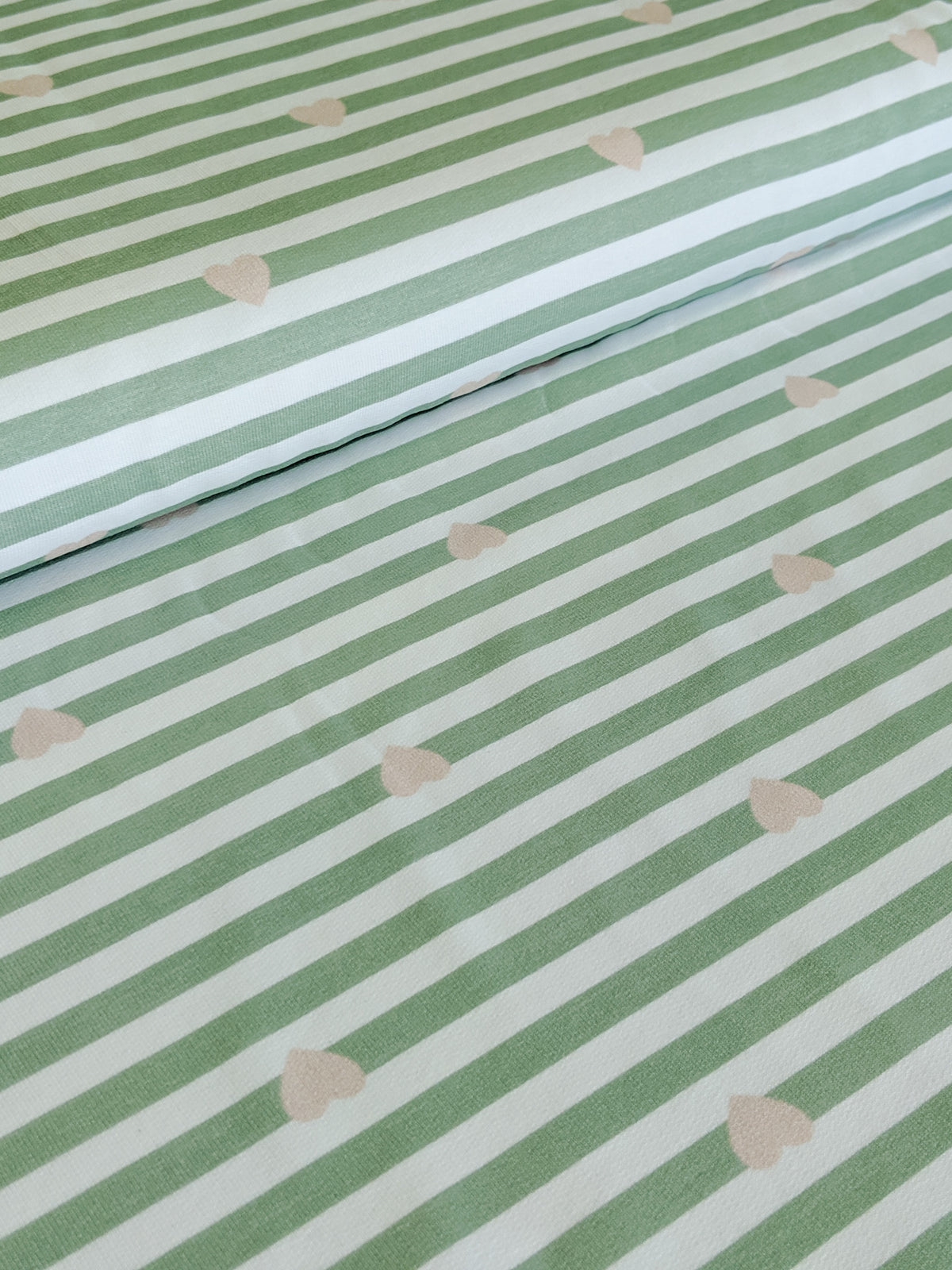 Mini Stripes Stretch French Terry, Pink Hearts on Green
