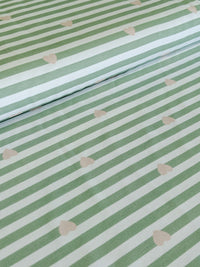 Mini Stripes Stretch French Terry, Pink Hearts on Green