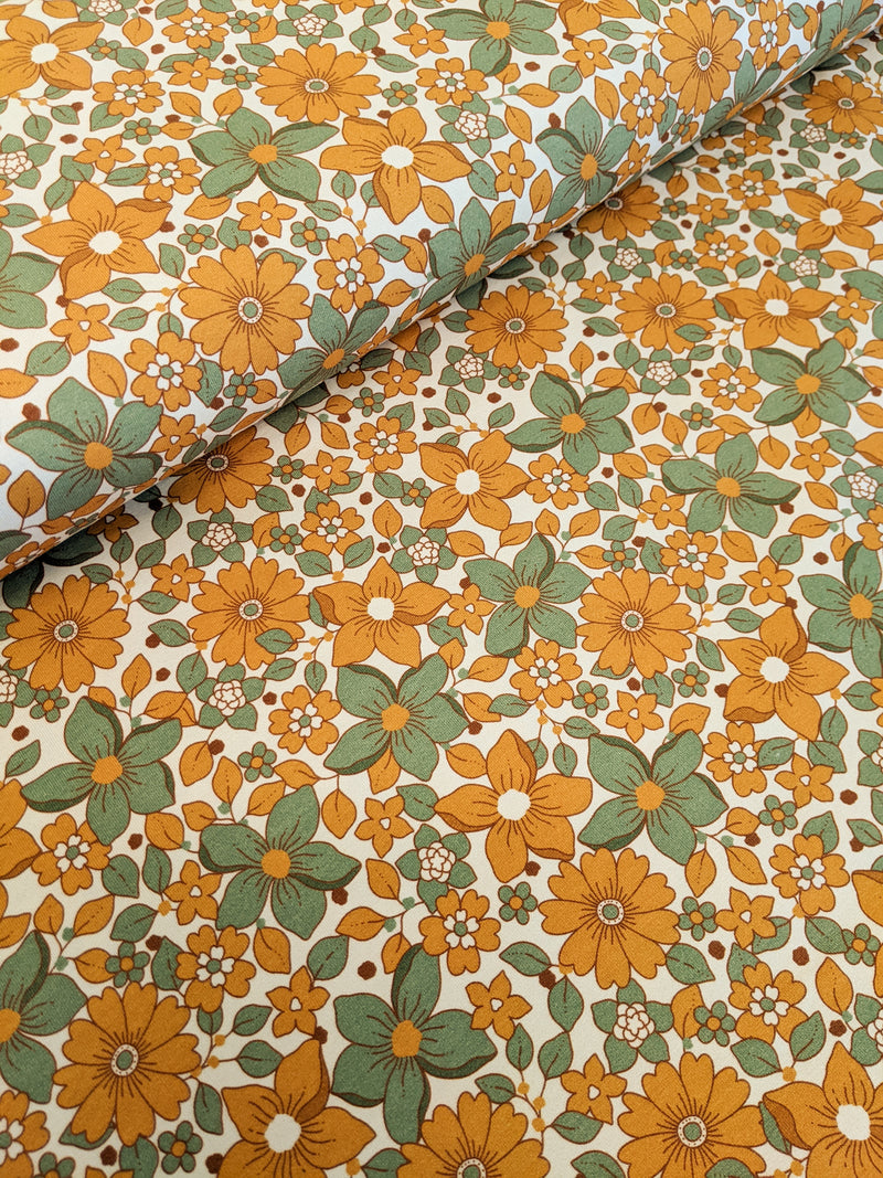Organic Cotton Jersey Knit - Soft Orange and Sage Floral