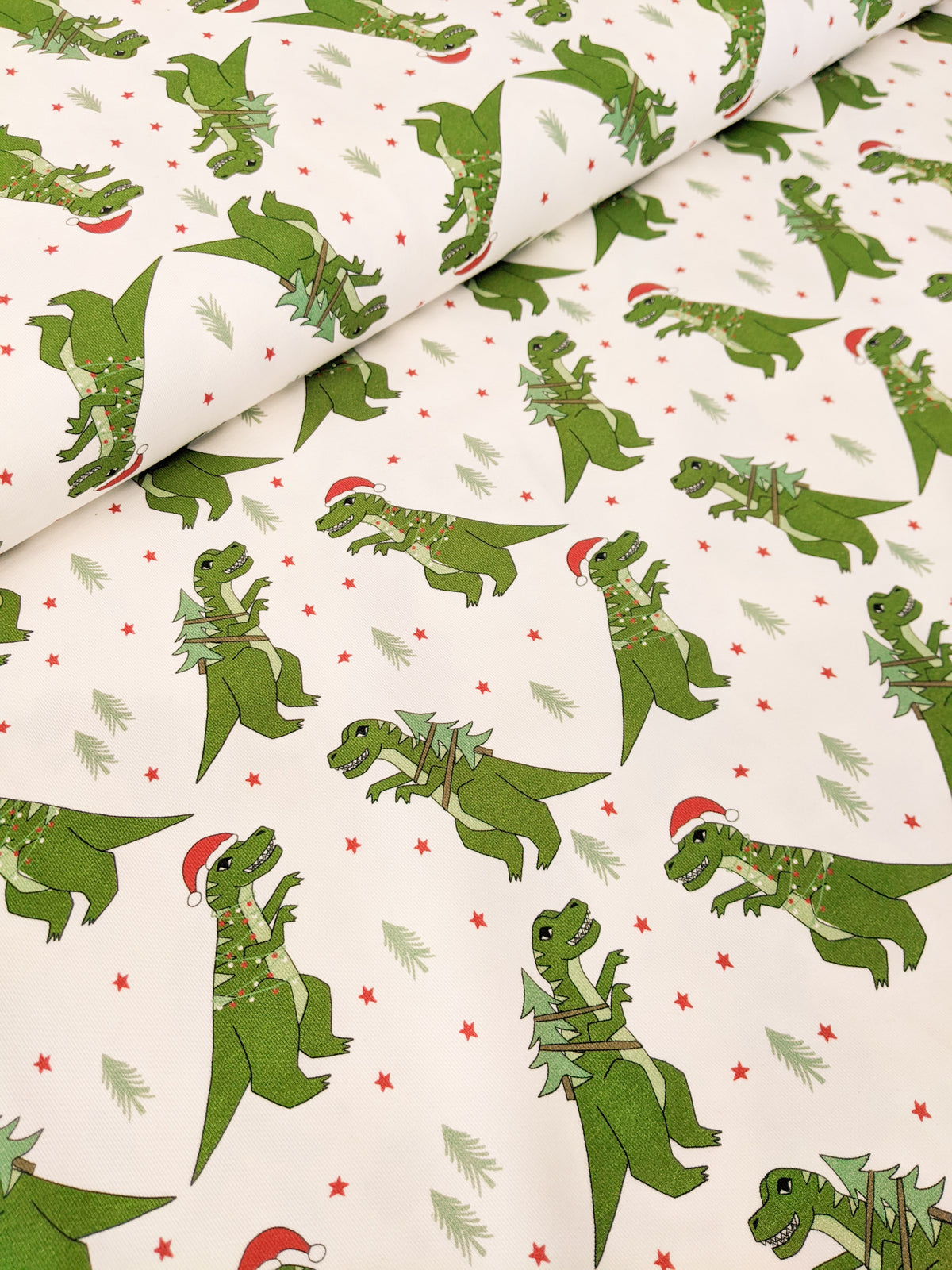 Organic Cotton Jersey Knit - T-Rex Santa