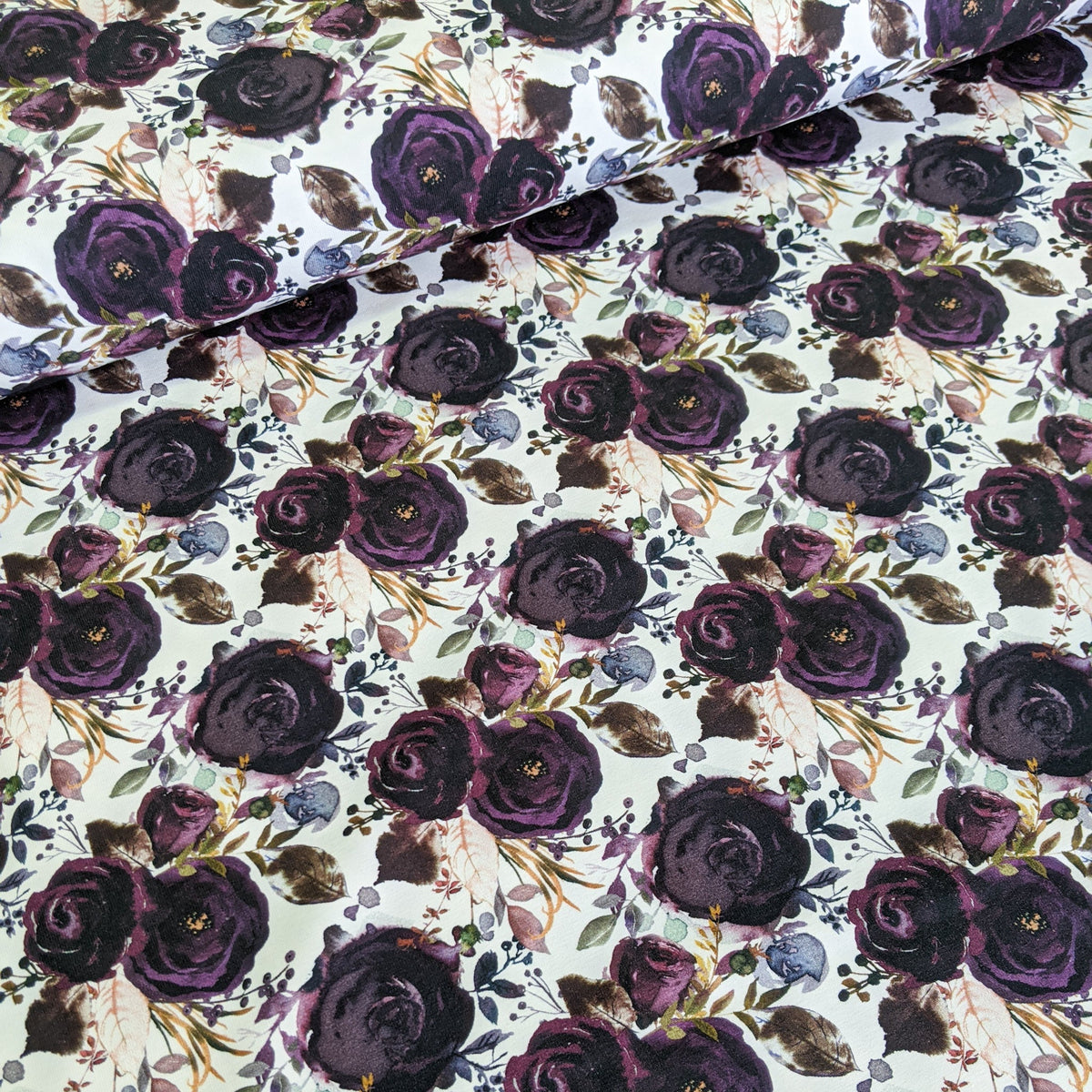 Remnant: Organic Cotton Jersey Knit - Deep Purple Florals ( 1 metre)