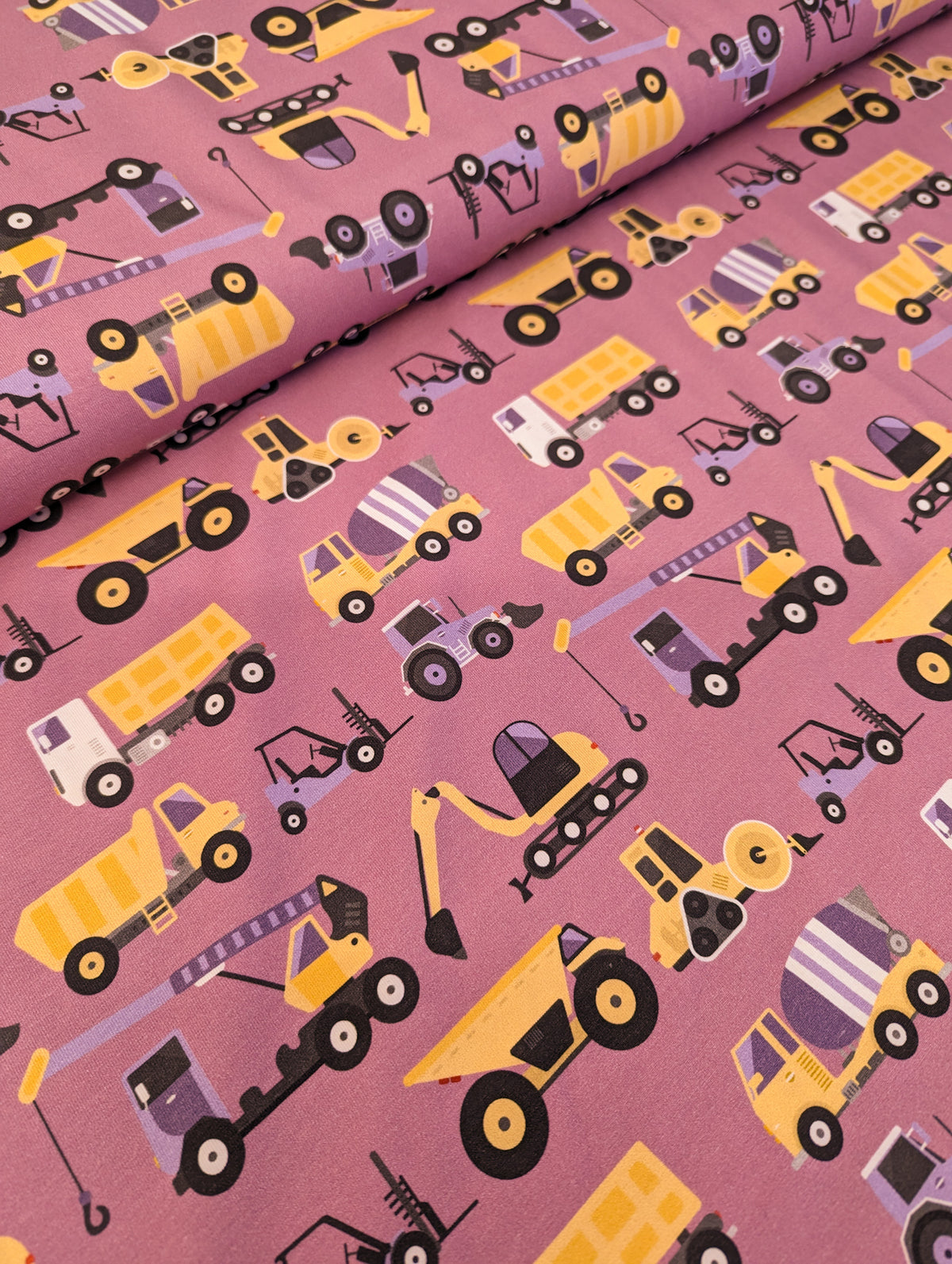 Organic Cotton Jersey Knit - Construction Vehicles in Dusty Rose