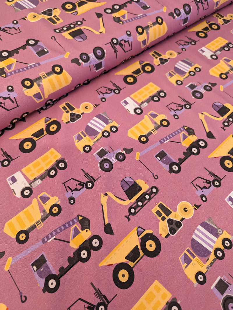 Organic Cotton Jersey Knit - Construction Vehicles in Dusty Rose
